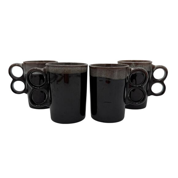 Vtg Japanese Coffee Mugs 2 Finger Drip Glaze Brown Stoneware Set of 4 - Picture 4 of 10